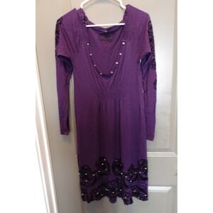 Treasure Rock Purple Studded Flocked Damask Long Sleeve Tunic Mini Dress Women M